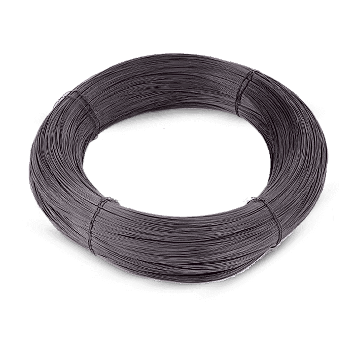 There is a coil of black annealed wire on the white ground.