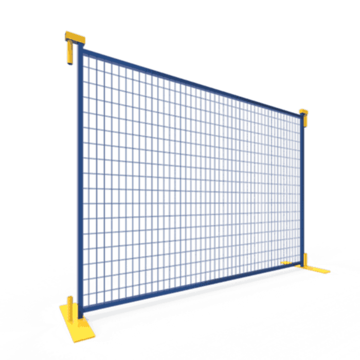 A piece of Canada temporary fence panel with yellow fence base is displayed.