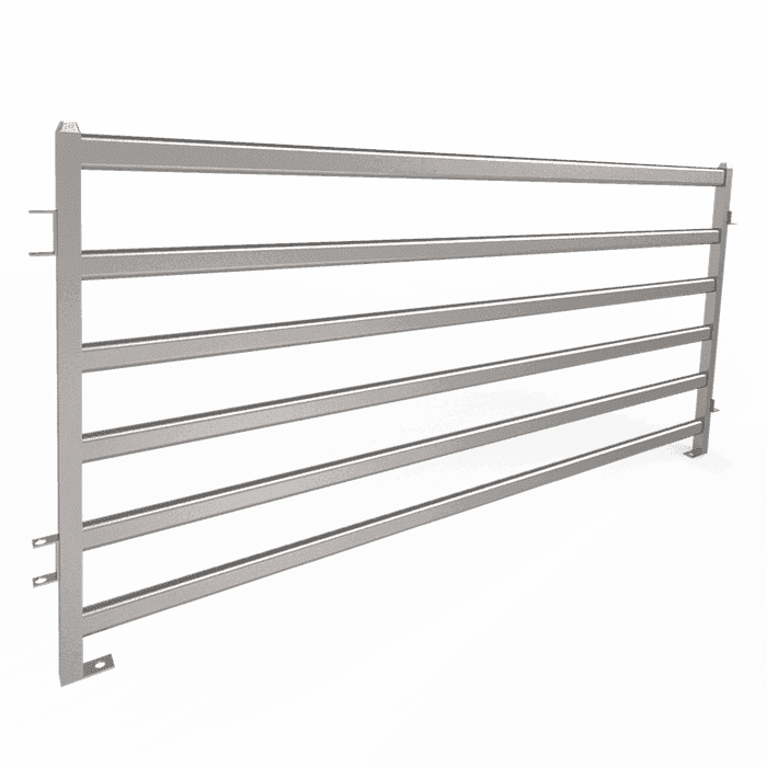 Apiece of galvanized corral panel is displayed.