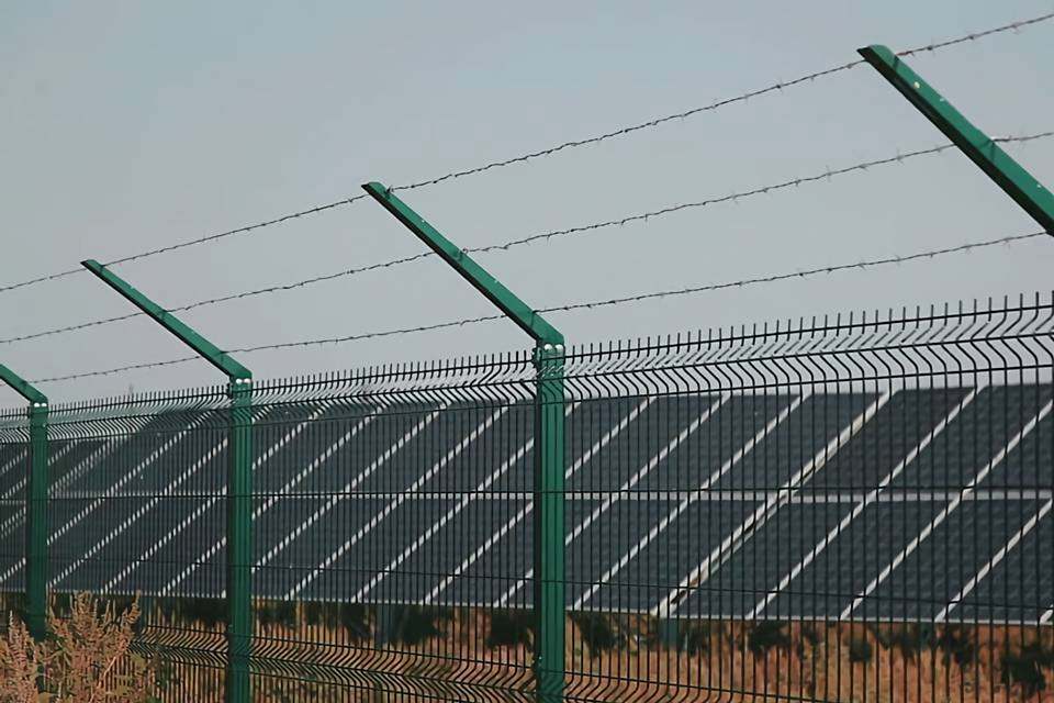 Solar panels are arranged in a straight line and are enclosed by curvy welded fence.