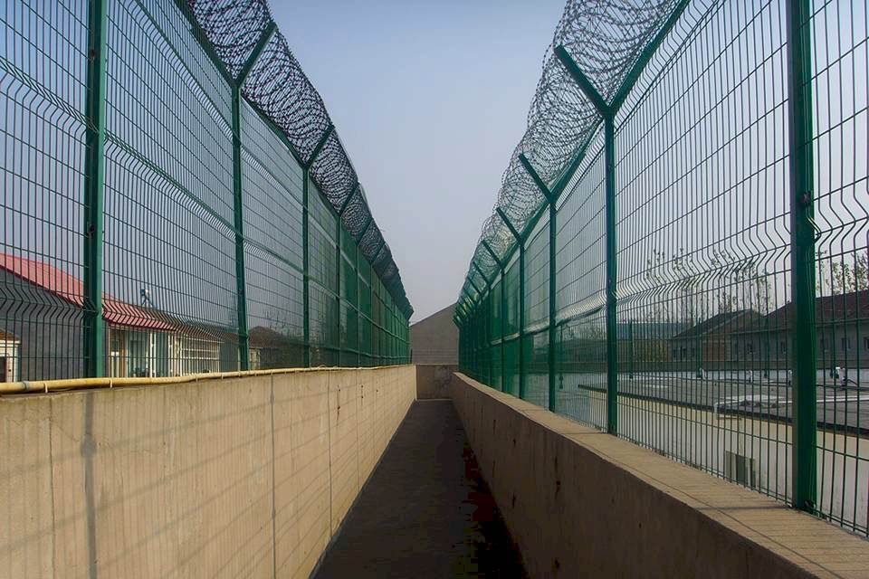 Two curvy welded fence are installed on the wall with concertina toppings.