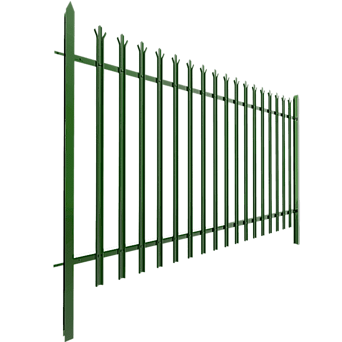 A piece of green powder coating palisade fencing is displayed.