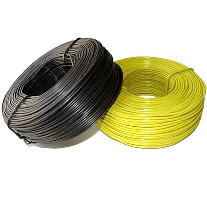 A small coil of black and yellow pvc coated wires on gray background.