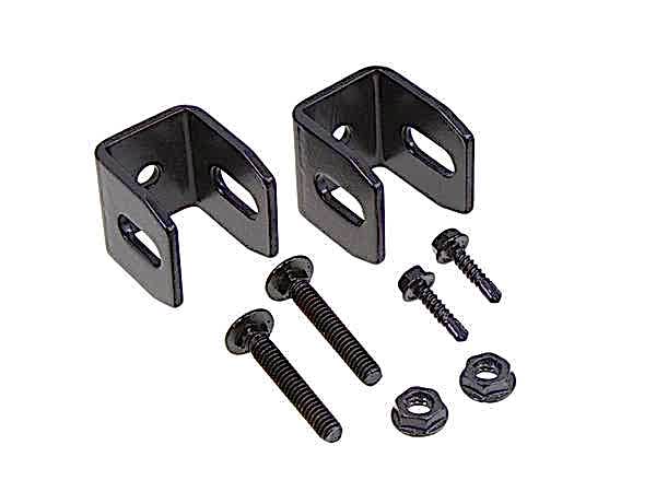 Two black powder coating mounting brackets and corresponding bolts and nuts are displayed.