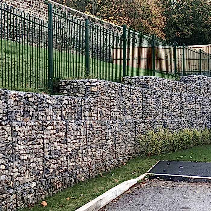 Several layers of welded gabions are installed as foundation.